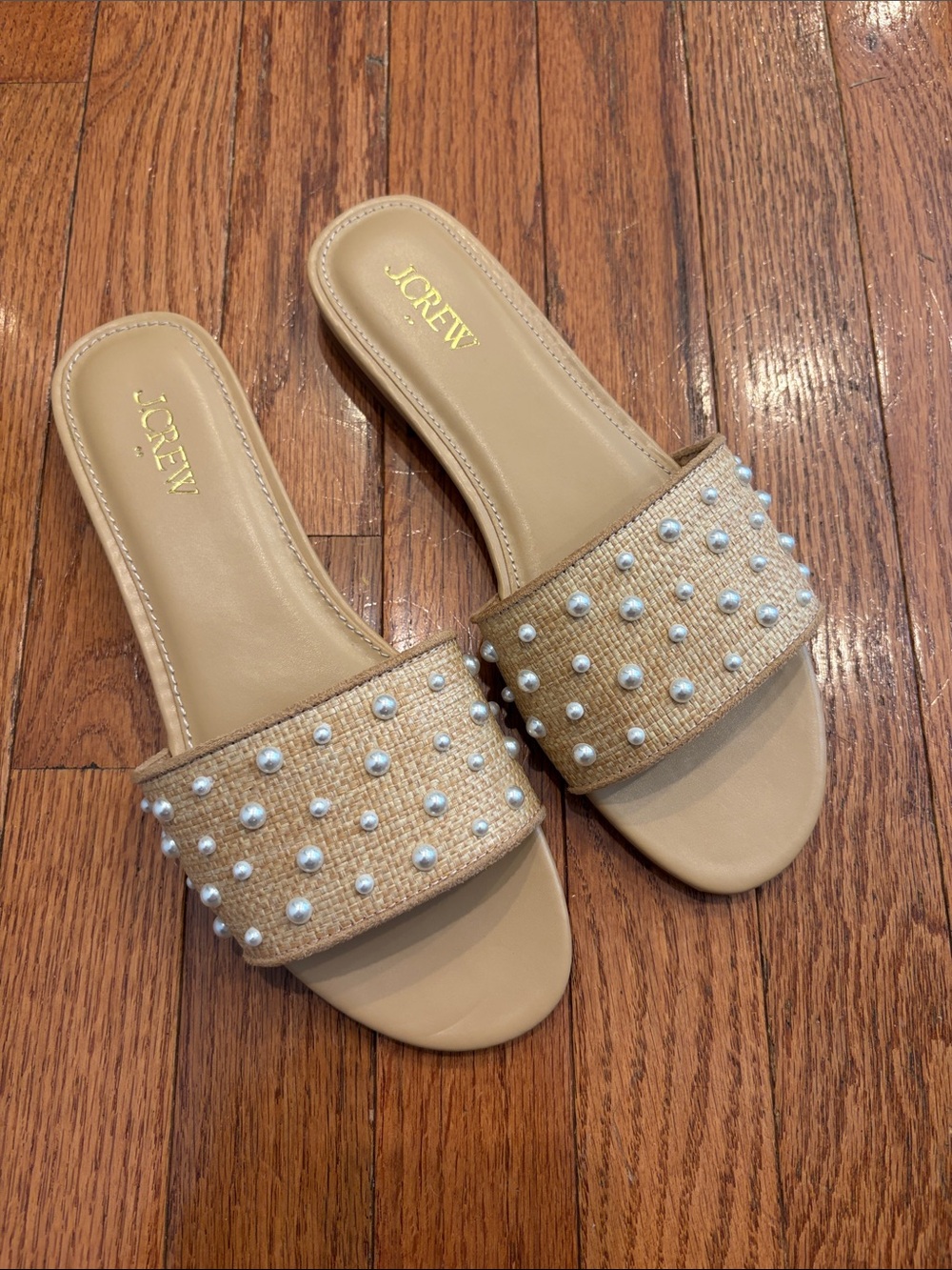 J. Crew Tan Pearl-Embellished Slide Mules